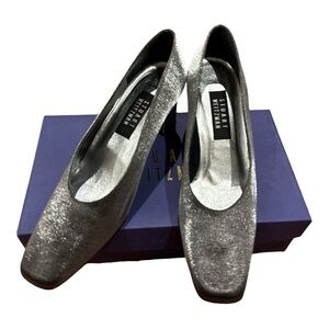 80s STUART WEITZMAN PEWTER GLITTERy FABRIC SQUARE TOE 2.5 BLOCK HEEL IN BOX SZ 9